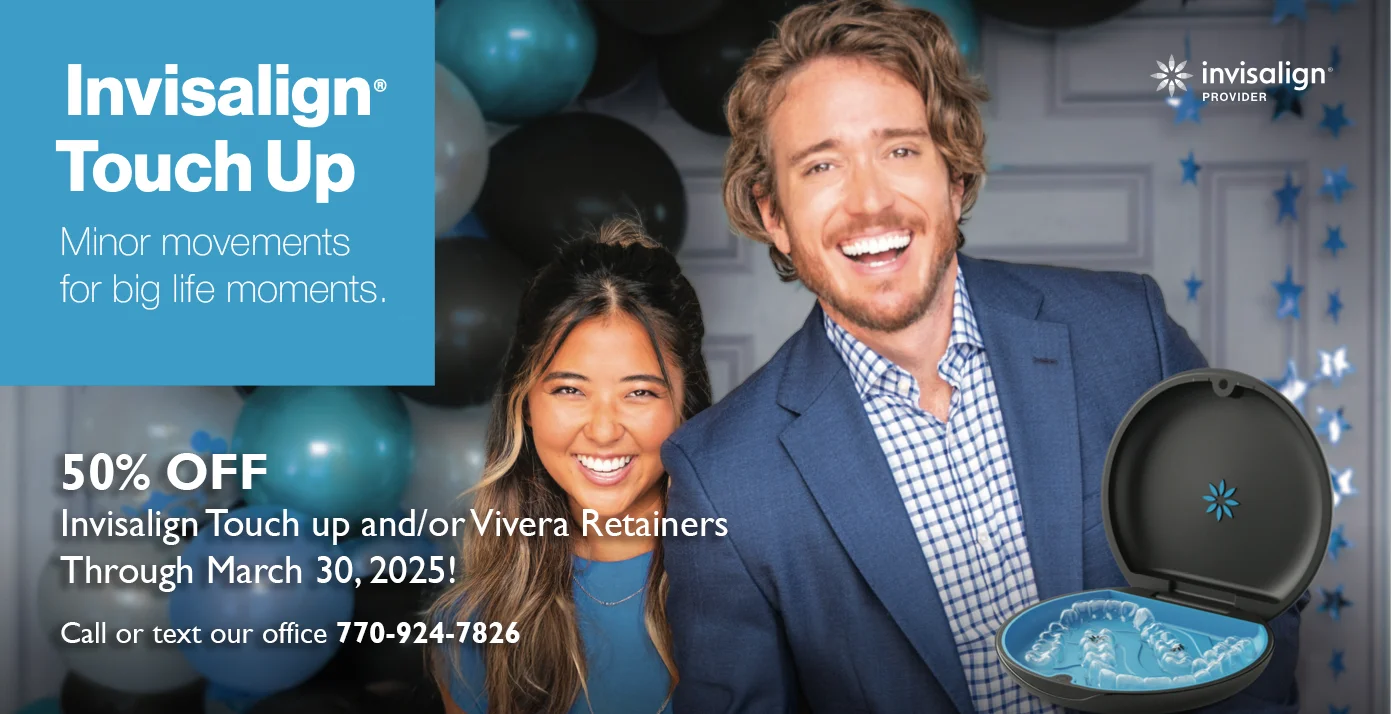 Smiling man and woman celebrating with balloons, promoting 50% off Invisalign Touch Up and Vivera Retainers through March 30, 2025. Invisalign aligners displayed in an open case.